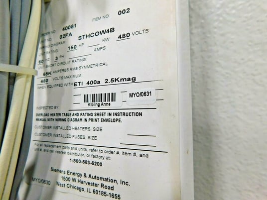 Siemens, Tiastar, MCC Panel, 400 amp, 3-phase, 60 HZ, 480 Volts, 300 HP starter - Image 8
