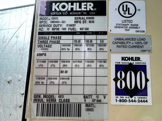 125 KW Kohler #125RZG, Natural gas / propane generator set, 120/208 Volts, 195 HP, 424 hours, GM 8.1L engine - Image 10