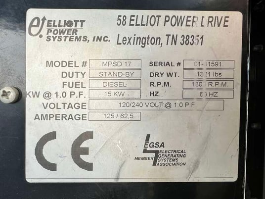 15 KW Elliott #MPSD-17, diesel generator set, 120/240 Volts, 1-phase, 260 HP, sound attenuated enclosure, 289 - Image 10
