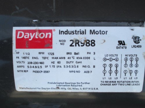 1.5 HP 1725 RPM Dayron #2R988 Industrial Electric Motor, Frame 145T, TEFC, 3 phase, 60 Hz, 208-230/460 Volts - Image 3