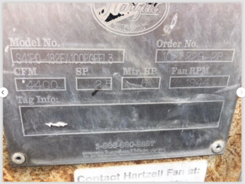 440 cfm @ 2.5 S.P., Hartzell #S41P0-182FA100FGFEL3, fiberglass backward curved centrifugal fan, 1944 RPM - Image 1