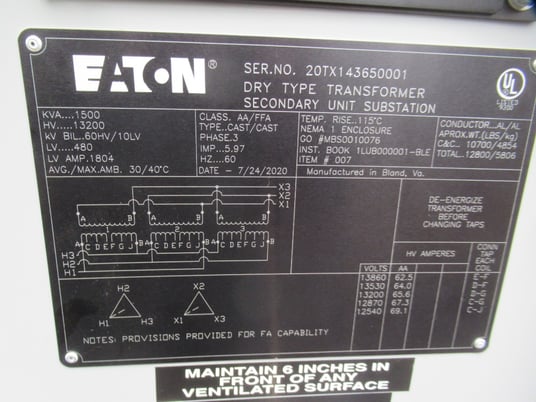 1500 KVA 13200 Primary, 480 Secondary, Eaton, 3 phase, dry type substation transformer - Image 3