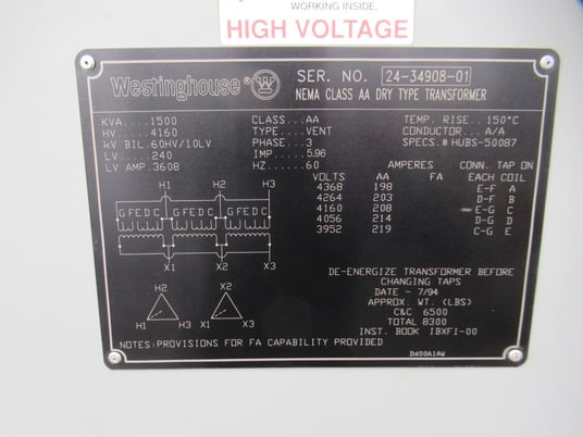 1500 KVA 4160 Primary, 240 Secondary, Westinghouse, 3 phase, substation transformer - Image 3