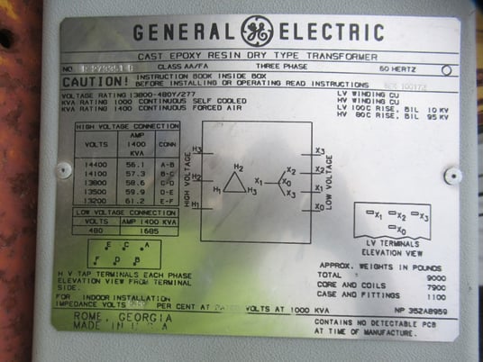 1000/1400 KVA 13800 Primary, 480/277 Secondary, General Electric, 3 phase, copper substation transformer - Image 5