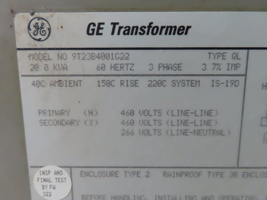 20 KVA 460 Primary, 460/266 Secondary, General Electric 9T23B4001G22 transformer, 1 yr warranty - Image 9