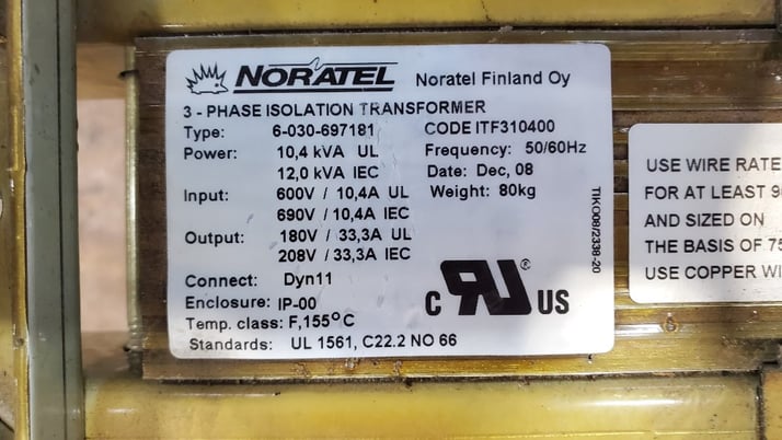10.4 KVA 690/600 Primary, 208/180 Secondary, Noratel isolation transformer - Image 3