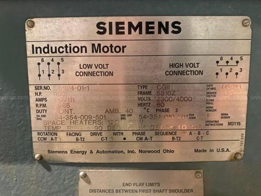 900/1000 HP 3565 RPM Siemens, Frame 5810Z, WPIISB, 2300/4000 VAC - Image 2