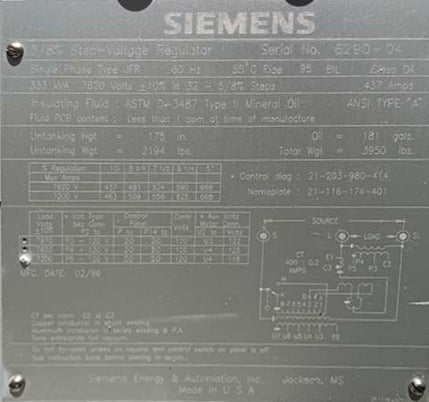 333 KVA, 7620 V, SIEMENS, 5/8% STEP-VOLTAGE REGULATOR, TYPE JFR - Image 1