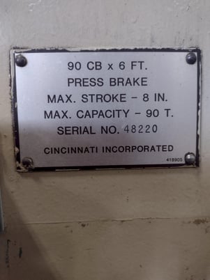 90 Ton, Cincinnati #90CB6, CNC hydraulic press brake, 8' overall, 78" between housing, 8" stroke, 7" throat - Image 3