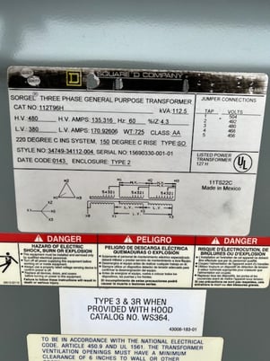 112.5 KVA 480 Delta Primary, 380Y Secondary, Square D, reconditioned - Image 1