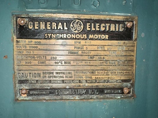 800 HP 600 RPM General Electric, Frame 8505Y, .8 PF, 198 amps 250 VF 45 amps - Image 3