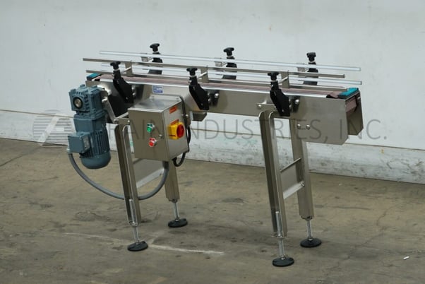 4-1/2" wide x 4.8' long, BMI / Benda Mfg, Stainless Steel table top conveyor, mounted on 4 leg Stainless - Image 1