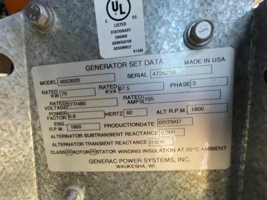 70 KW Generac #0053920, standby Natural gas generator set, 277/480 Volts,Ford engine, 2006, #089664 - Image 6