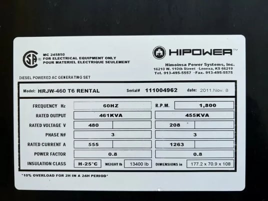 369 KW Hipower #HRJW-460T6, diesel generator, 277/480 Volts, 9800 hours, 2011, #089757 - Image 6
