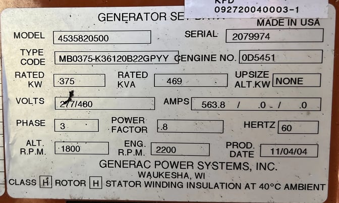 375 KW Generac #4535820500, Natural gas generator set, 277/480 Volts,Mitsubishi engine, 2004, #089061 - Image 7