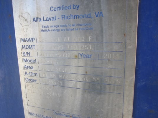 30 sq.ft., Alfa-Laval, Vertical Plate Exchanger, 150 psi, 300&deg;F, 2015, #113353 - Image 2