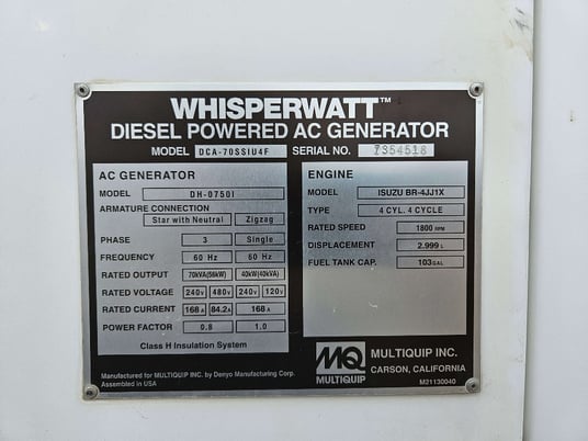 62 KW Multiquip #DCA70SSIU4F, trailer mounted diesel generator, sound attenuated enclosure, Tier 4F, 2018 - Image 6