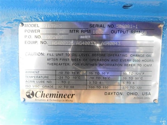 3 HP @ 1800 RPM, Chemineer #21GTD-3 turbine agitators, 68 RPM out, unused surplus - Image 5