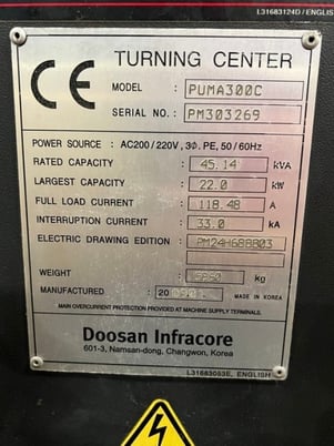 Daewoo Doosan #Puma-300C, CNC lathe, 22" swing, 12" chuck, 4" bar, Fanuc 21i-T, tailstock, live tooling, 2009 - Image 6