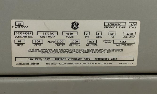 1200 Amps, General Electric, PowerVac, switchgear 4160 Volts - Image 9