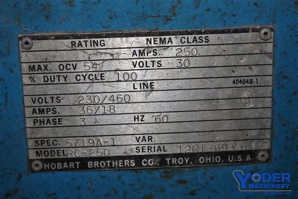Hobart #RC-250, 250 amps, 230/460 V., Hobart 4 roll feeder, gun, #52800 - Image 3
