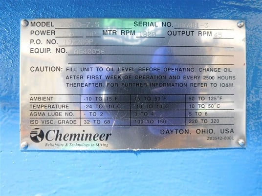 7.5 HP @ 1800 RPM in, Chemineer #22GTD-7.5, turbine agitator, 45 RPM out, unused surplus - Image 6