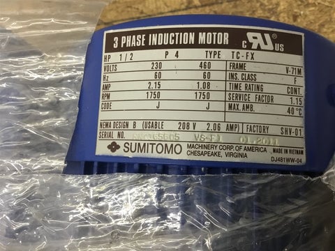 1/2 HP 1800 RPM Sumitomo #CNHM05-6080YB-8, AC motor, 230 Volts, 3-phase, 4P, Frame V-71M - Image 6
