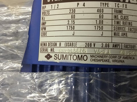 1/2 HP 1800 RPM Sumitomo #CNHM05-6080YB-8, AC motor, 230 Volts, 3-phase, 4P, Frame V-71M - Image 7