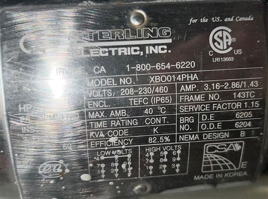 1 HP 1750 RPM Sterling HVAC #XBO014PHA, Electric Motor, Frame 143TC, 208-230/460 Volts, 60 Hz, 3.16-2.86/1.43 - Image 2
