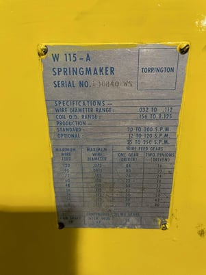 No. W115A Torrington Springmaker, .032"-.112" wire diameter,.156"-2.125" coil outside dimension capacity - Image 2