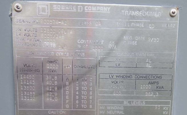 1000 KVA 13800 Delta Primary, 600Y/347 Secondary, Square D, 1990 - Image 9