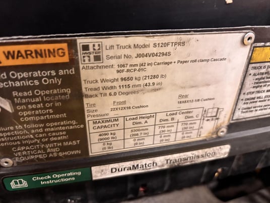 12000 lb. Hyster #S120FTPRS, 92" lowered, 185" raised mast, 60" Cascade clamp, 2018 - Image 9