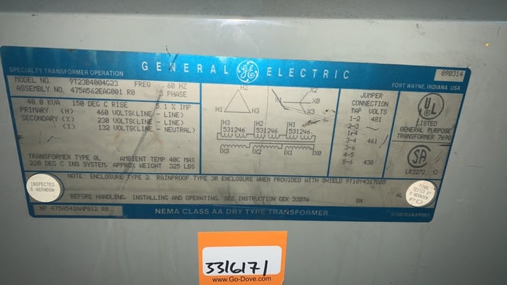 40 KVA 460 Delta Primary, 230Y/132 Secondary, General Electric, dry type - Image 2