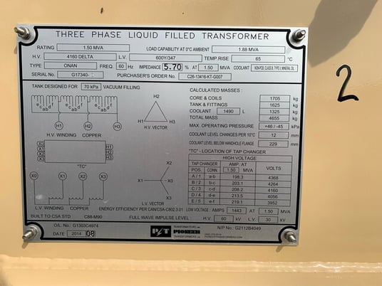 1500 KVA 4160 Delta Primary, 600Y/347 Secondary, Pioneer, step-down transformer, oil filled (x5) - Image 4