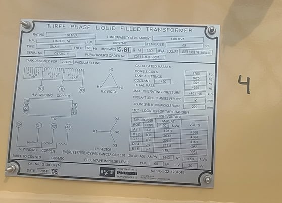 1500 KVA 4160 Delta Primary, 600Y/347 Secondary, Pioneer, step-down transformer, oil filled (x5) - Image 9