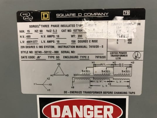 15 KVA 480 Primary, 277 Secondary, Square D #32749-50112-080, transformer, reconditioned - Image 4