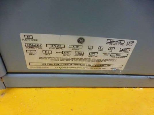 General Electric #PowerVac, Metal Clad Switchgear, 1200 amp, 5KV - Image 4