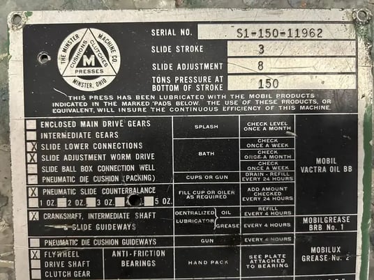 150 Ton, Minster #S1-150-33-33, SSSC press, 3" stroke, 33" R-L, 80 SPM - Image 9