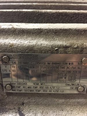 150 HP 1792 RPM Siemens, Frame 505TSD, TEFC, 575 Volts 1080-2639-60, WP19 - Image 2