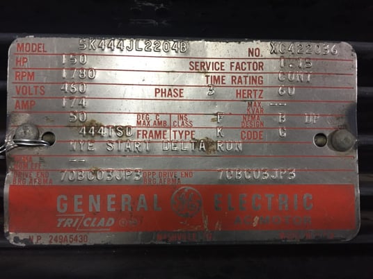 150 HP 1780 RPM General Electric, Frame 444TSD, 460 Volts WP898 for ...