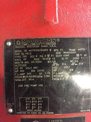 300 HP 1780 RPM Marathon, Frame 447TS, 460 Volts WP684 - Image 2