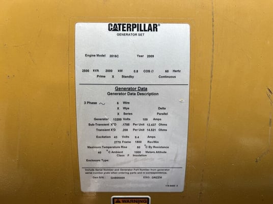 2000 KW, 1800 RPM, Caterpillar #SR4B, generator end, 12470 Volts, double bearing, 221 hours, 2009 - Image 3