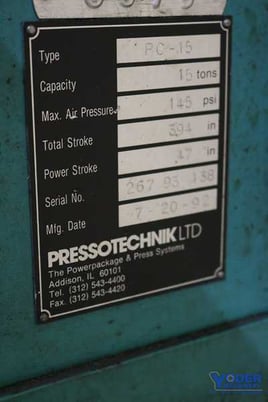 15 Ton, Pressotechnik #PC-15, hydraulic C-frame press, 3.9" stroke, 9" throat, 17" x16" bed, 1992, #59608 - Image 5