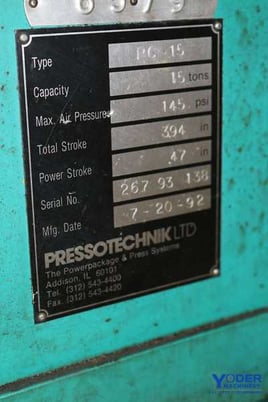 15 Ton, Pressotechnik #PC-15, hydraulic C-frame press, 3.9" stroke, 9" throat, 17" x16" bed, 1992, #59608 - Image 6
