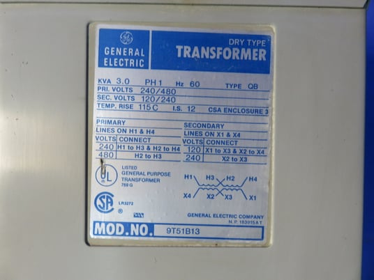 3 KVA 240/480 Primary, 120/240 Secondary, General Electric 9T51B13 type QB, 1 phase transformer, dry type, 1 - Image 3