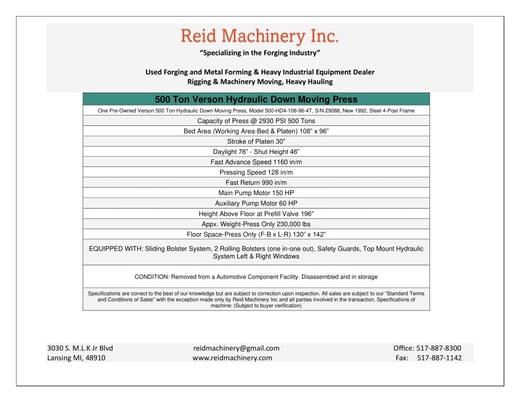500 Ton, Verson #500-HD4-108-96-4T, hydraulic down moving press, 30" stroke, 76" daylight, 46" SH - Image 2