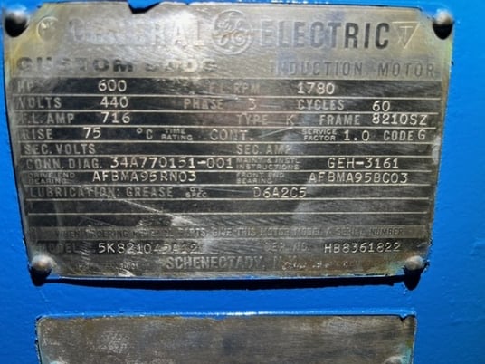 600 HP 1800 RPM General Electric, Frame 8210SZ, TEAA, BB, 460 Volts - Image 1