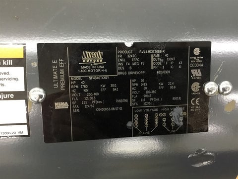 40 HP 1780/1800 RPM Lincoln SF4B40TC61Y, Frame 324TC, TEFC, 4P, 230/460 Volts, new surplus - Image 7