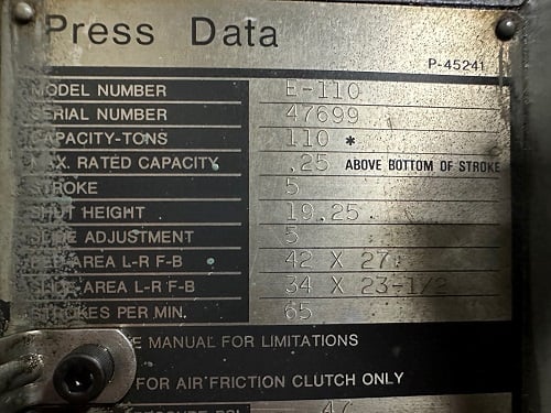 110 Ton, Niagara #E-110, mechanical gap frame punch press, 5" stroke, 19.25" Shut Height, 65 SPM - Image 5