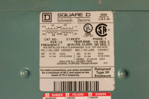 1.5 KVA 240x480 Primary, 120/240 Secondary, Square D, C1.5S1FY 3R transformer, 1 phase, 1 yr warranty - Image 2